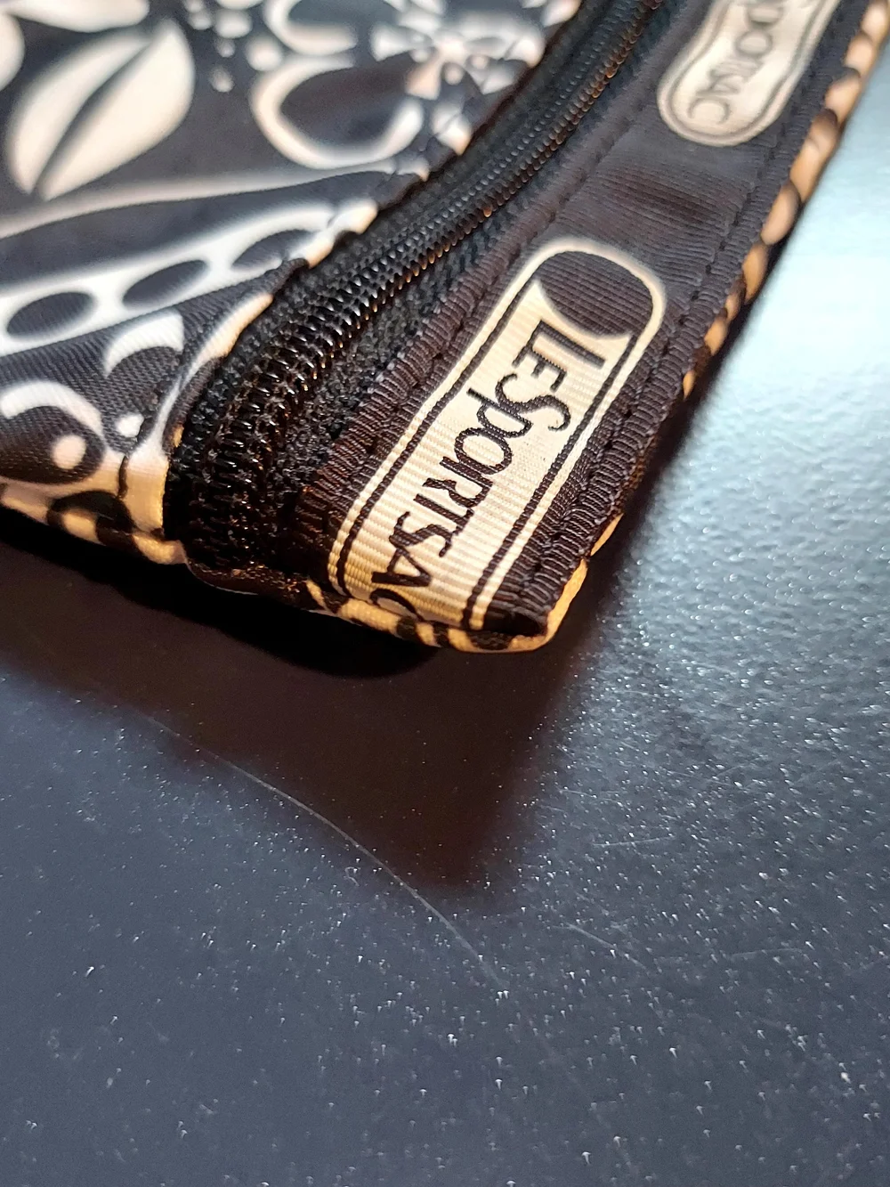 LeSportsac Floral Print Zip Pouch in Black & White with Yellow Accent 7.5 x 9.5